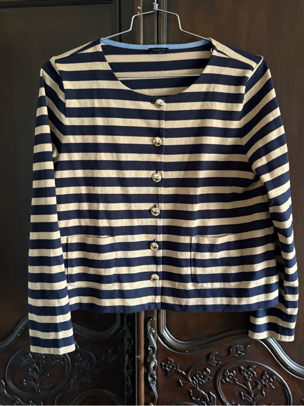 Talbots Navy & Tan Striped Cotton Knit Cardigan size Medium